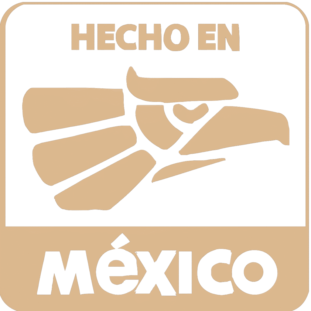 Sello gráfico con el texto “Hecho en México” y un diseño estilizado en tonos beige y negro que representa el origen mexicano del producto.
