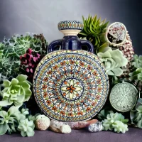 Botella de cerámica artesanal decorativa con diseño floral circular en tonos azul, verde y naranja, colocada entre plantas suculentas y piedras naturales.